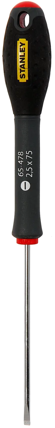 STANLEY 1-65-478 flathead screwdriver, black ergonomic handle, front view, photography on white background.