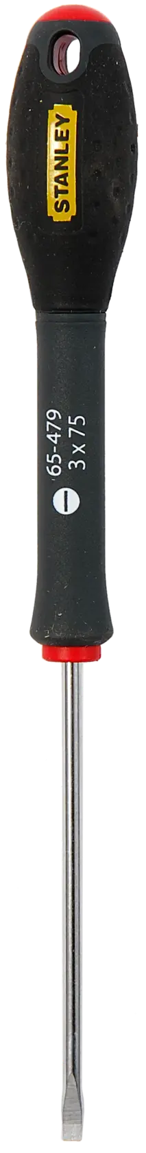 Stanley flathead screwdriver with black handle and silver shaft, model 1-65-479, size 3x75mm.