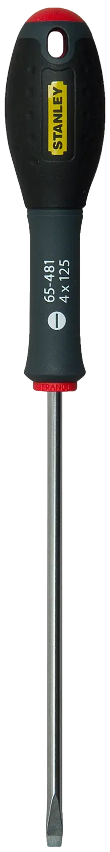 Photo of STANLEY 1-65-481 slotted screwdriver with black and yellow handle, front view on white background.