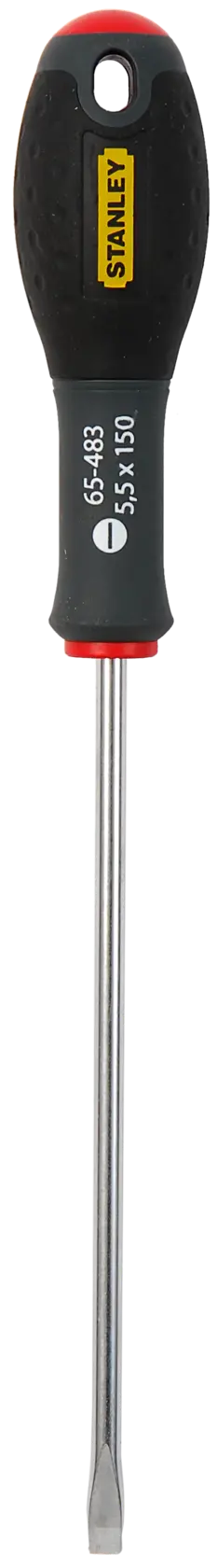 Stanley flathead screwdriver with black handle and metal shaft, model 1-65-483 is shown upright.