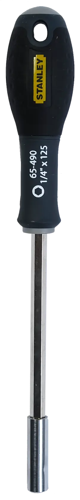 Stanley nutdriver with black grip, marked 1-65-490 and 1/4 x 125, suitable for tightening nuts and bolts.