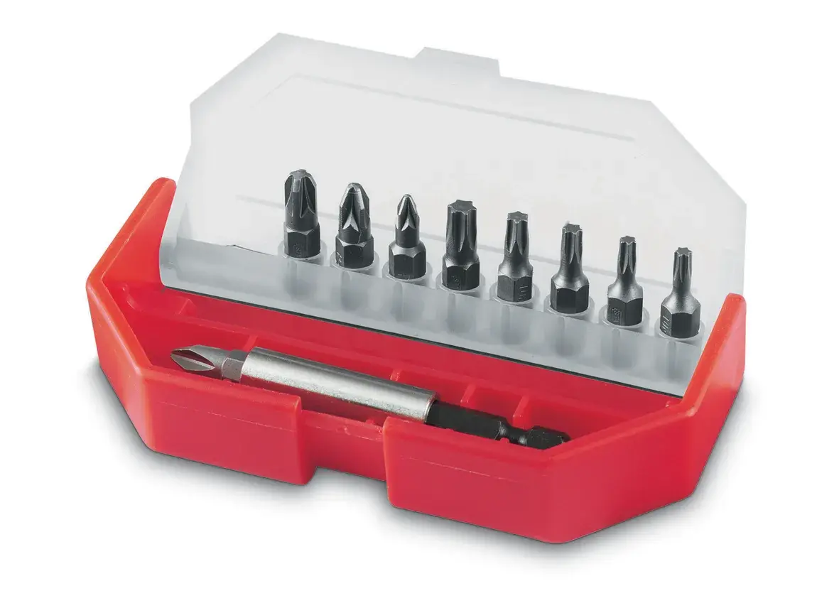 STANLEY 1-68-724 screwdriver bit set in red plastic case with transparent lid, photo from above.