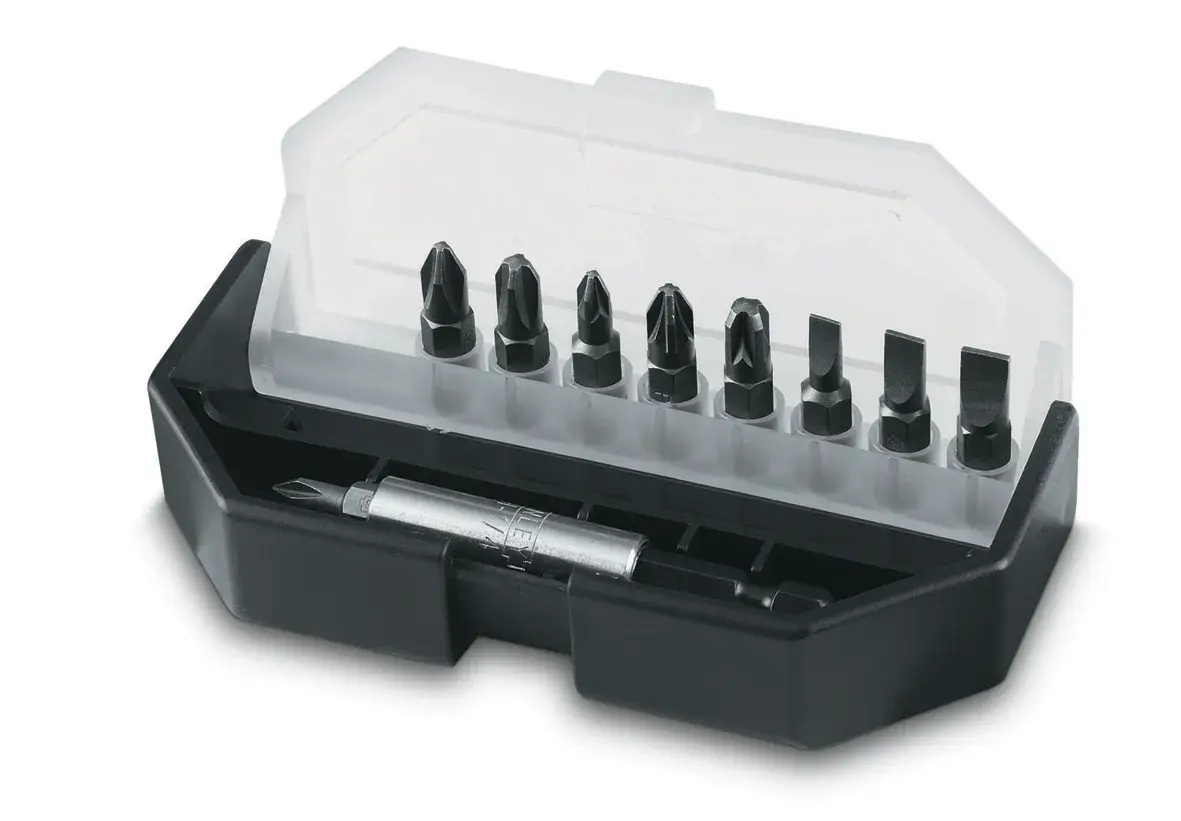 STANLEY 1-68-734 bit set with magnetic holder in black plastic case, clear lid, angled photo on white background.