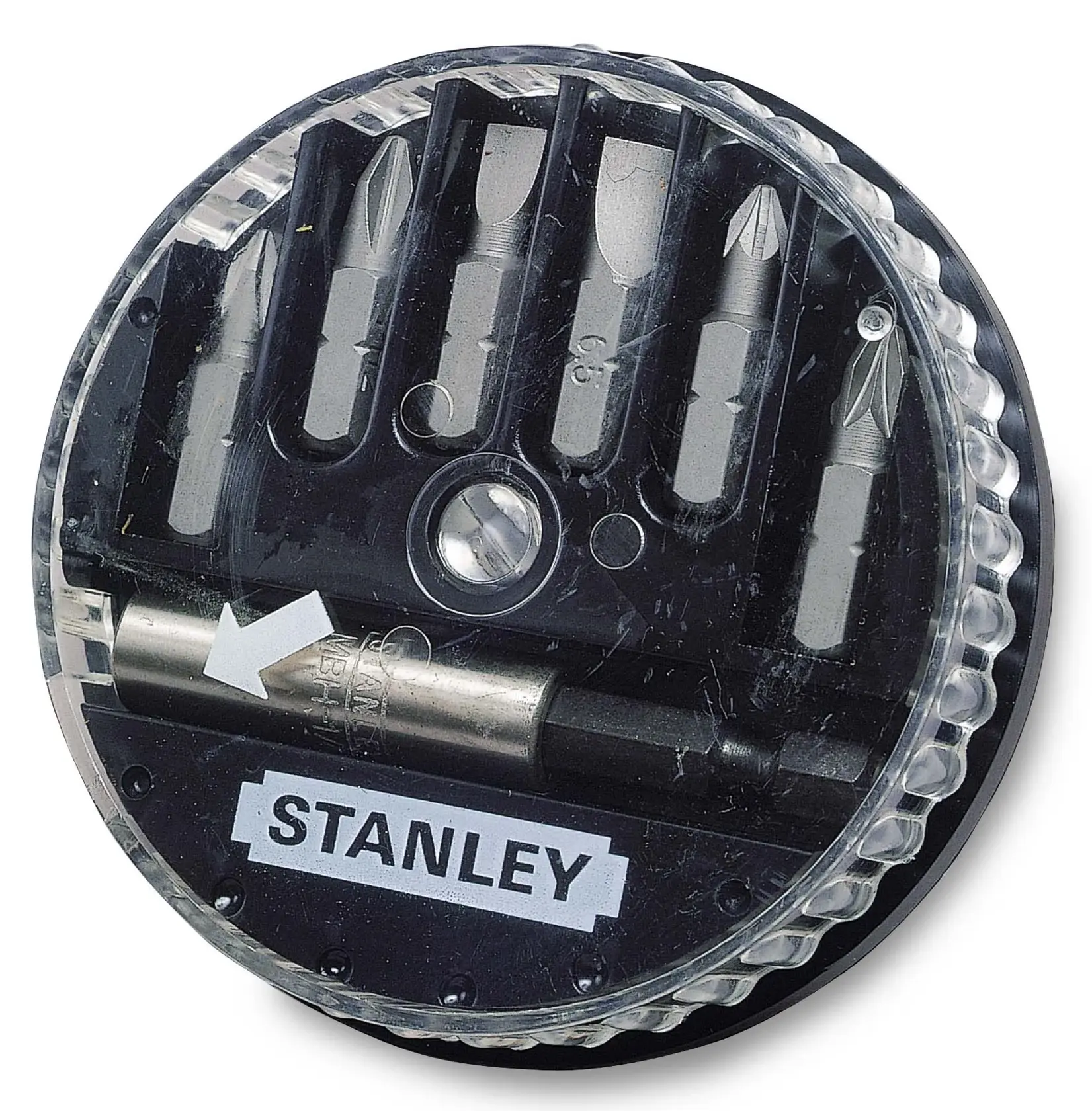 Round STANLEY box with six assorted screwdriver bits and adapter inside clear plastic cover.