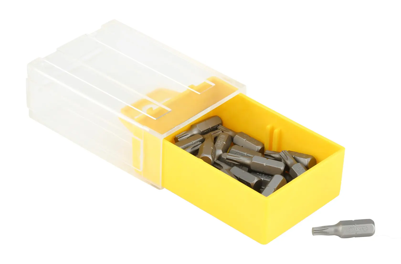 Yellow box with gray screwdriver bits and clear lid, one bit outside the box, STANLEY brand.