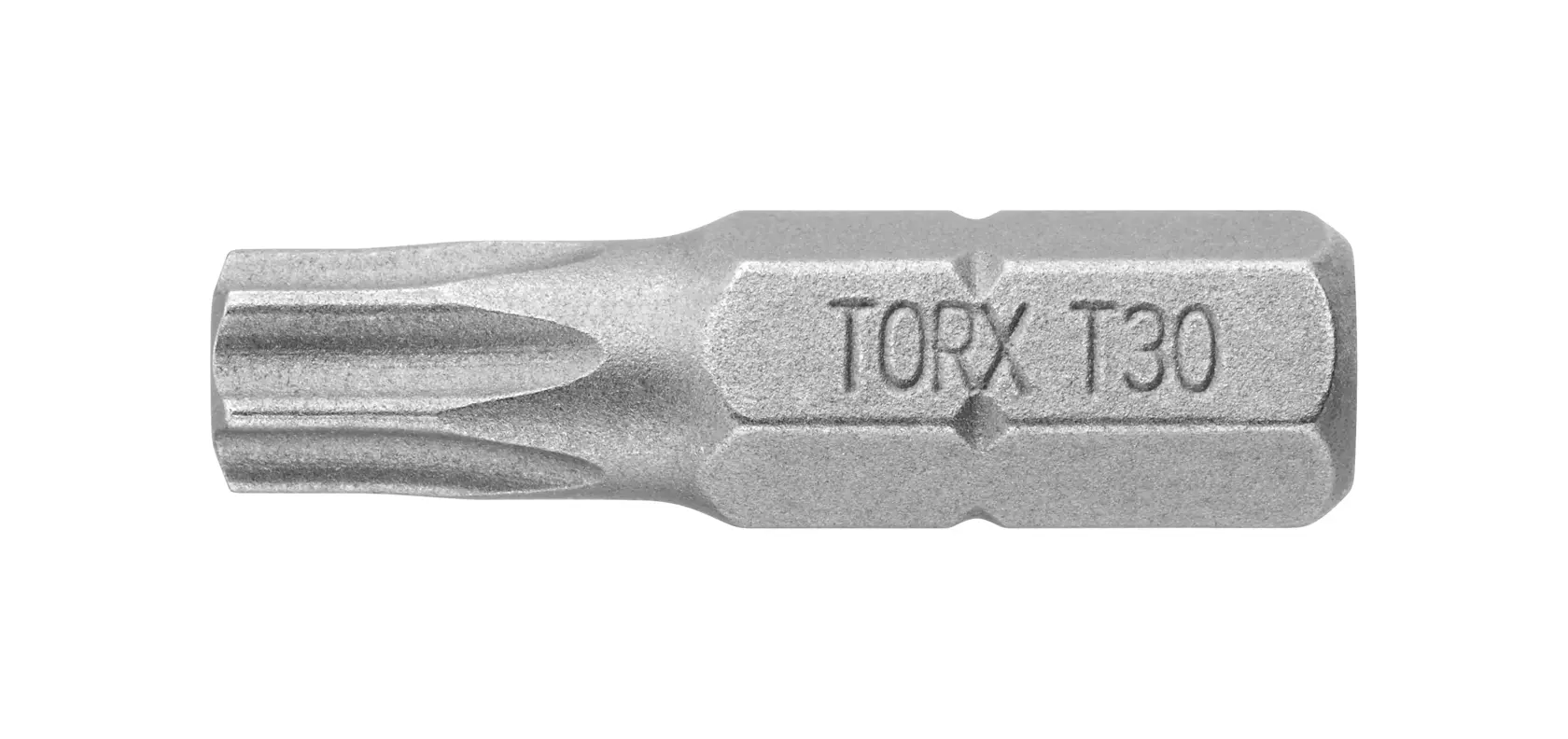 STANLEY 1-68-843 silver Torx T30 screwdriver bit, side view, on white background.