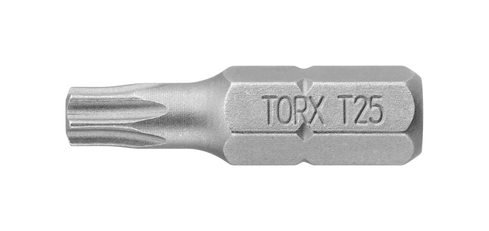 STANLEY 1-68-845 TORX T25 screwdriver bit, silver, side angle, product photography.