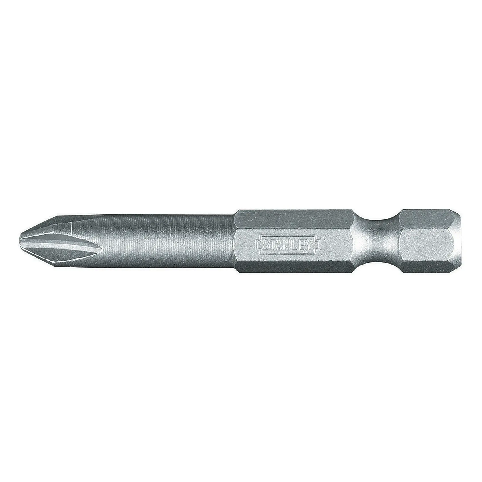 STANLEY 1-68-992 silver screwdriver bit, hexagonal shank, side view on white background.