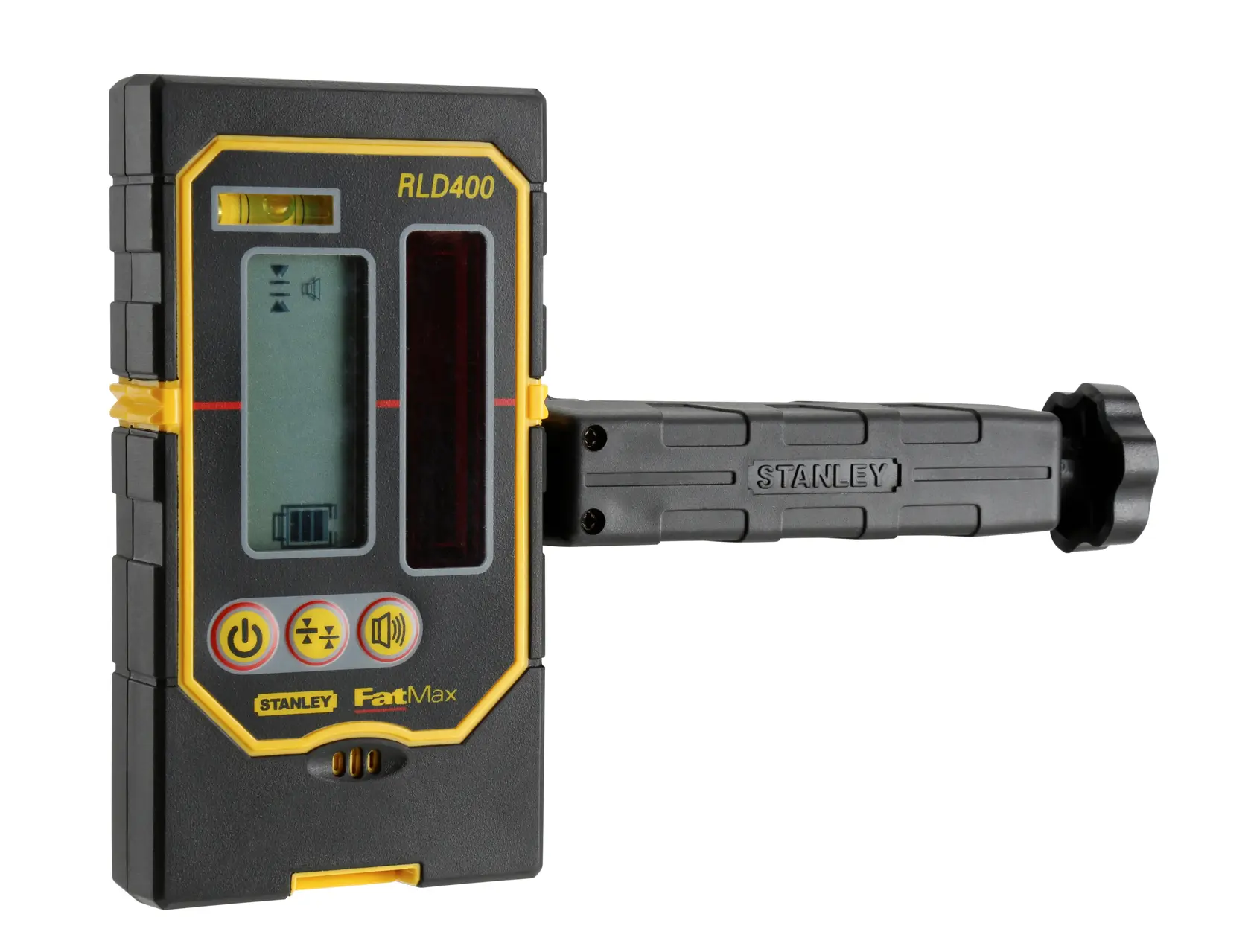 Stanley FatMax RLD400 laser receiver with handle, digital display, and control buttons, used for precise measurements.