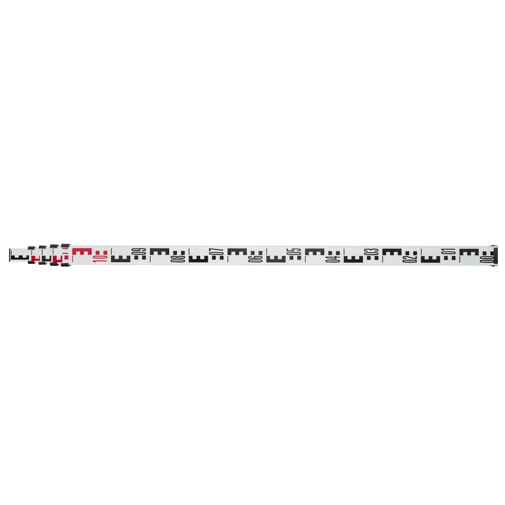 STANLEY 1-77-161 leveling staff photography, white with black and red markings, side angle.