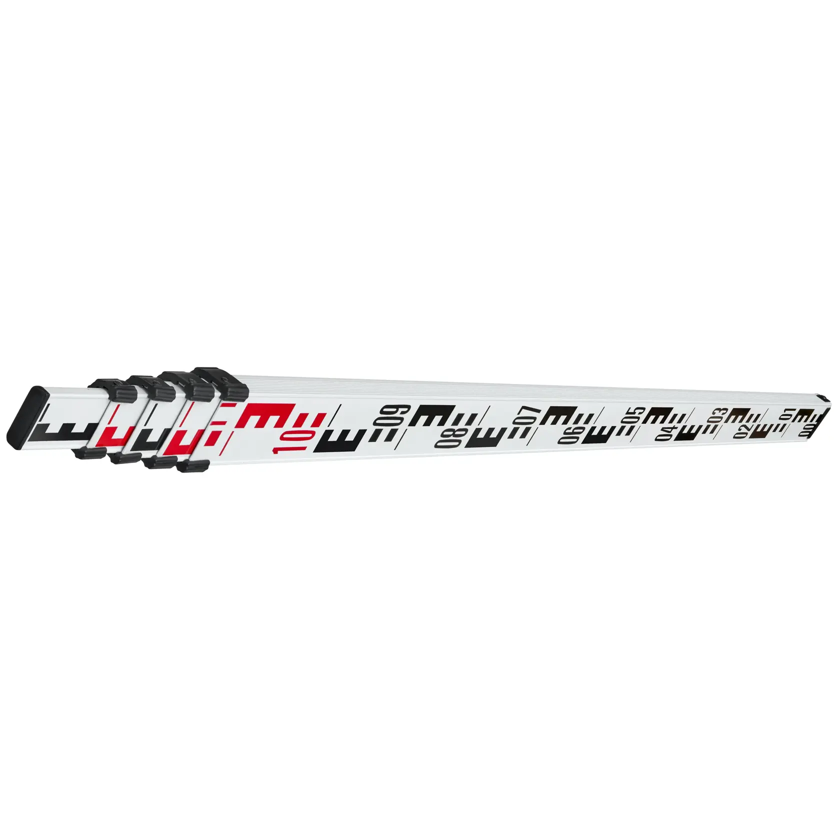 STANLEY 1-77-161 telescopic aluminum leveling staff, photography, white with black and red markings, side view