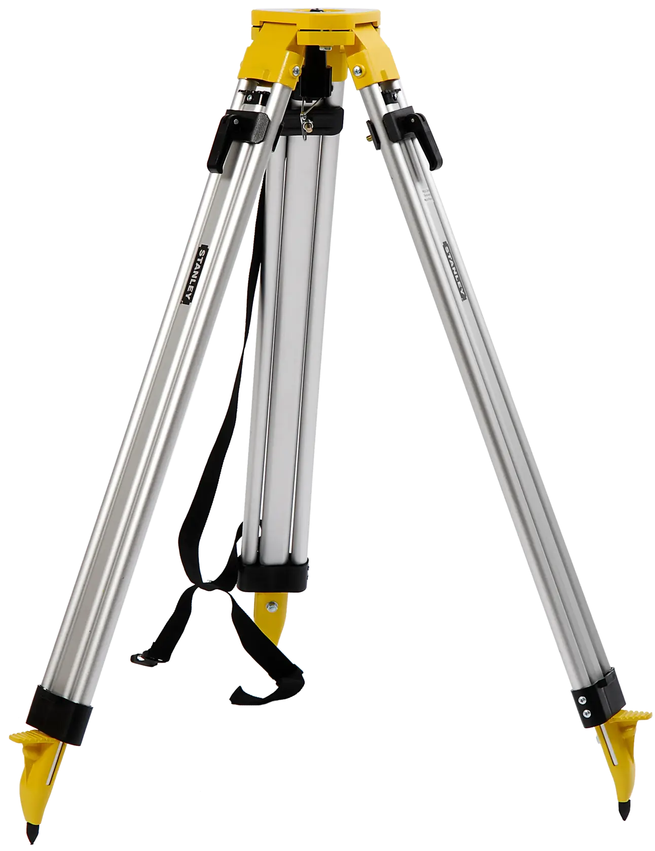 Stanley aluminum tripod with three legs, yellow accents, and strap for photography or surveying equipment.