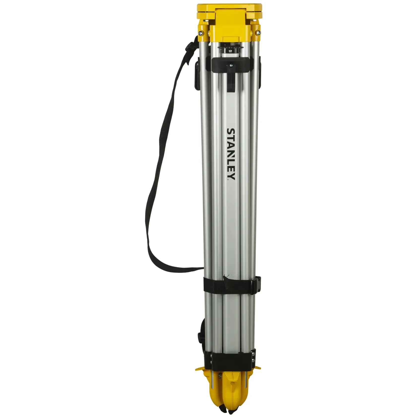 Stanley aluminum tripod with yellow fittings, folded and ready for transport, used for photography equipment.