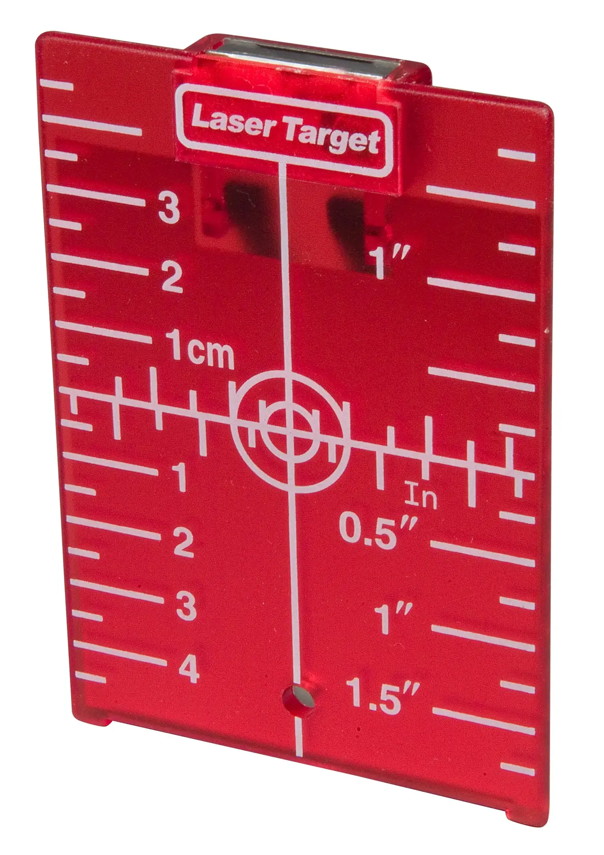 Red STANLEY laser target tool with measurement markings in cm and inches, used for aligning lasers.
