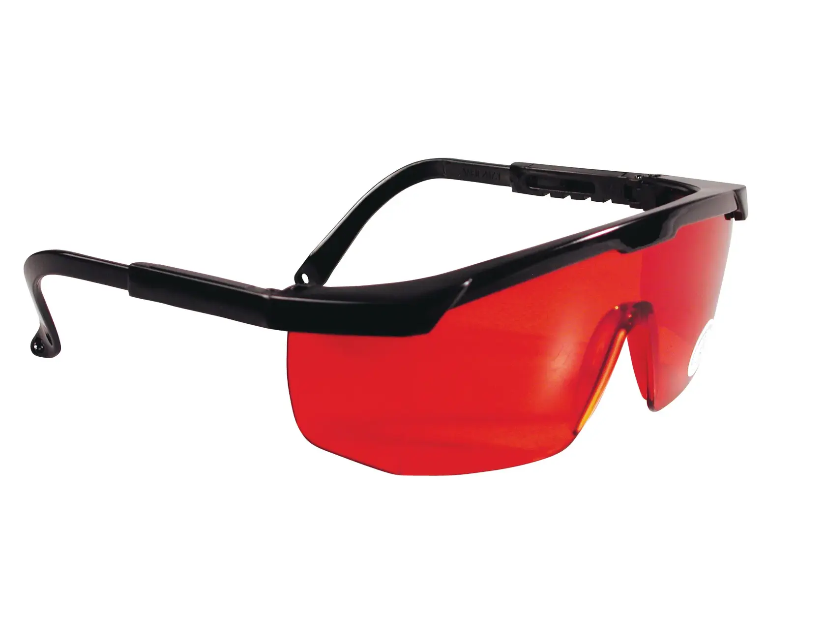 STANLEY 1-77-171 photography safety glasses with black frame and red lenses, side angle on white background.
