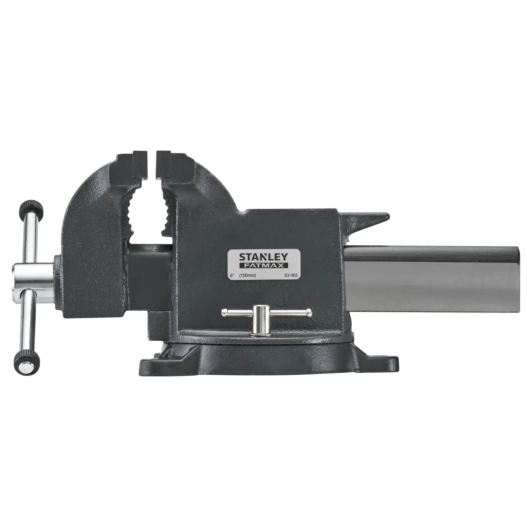 STANLEY 1-83-068 heavy-duty bench vise, black and silver, side angle on white background.