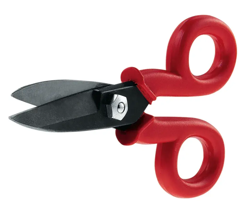 STANLEY 1-84-280 aviation snips with red handles, angled view on white background.