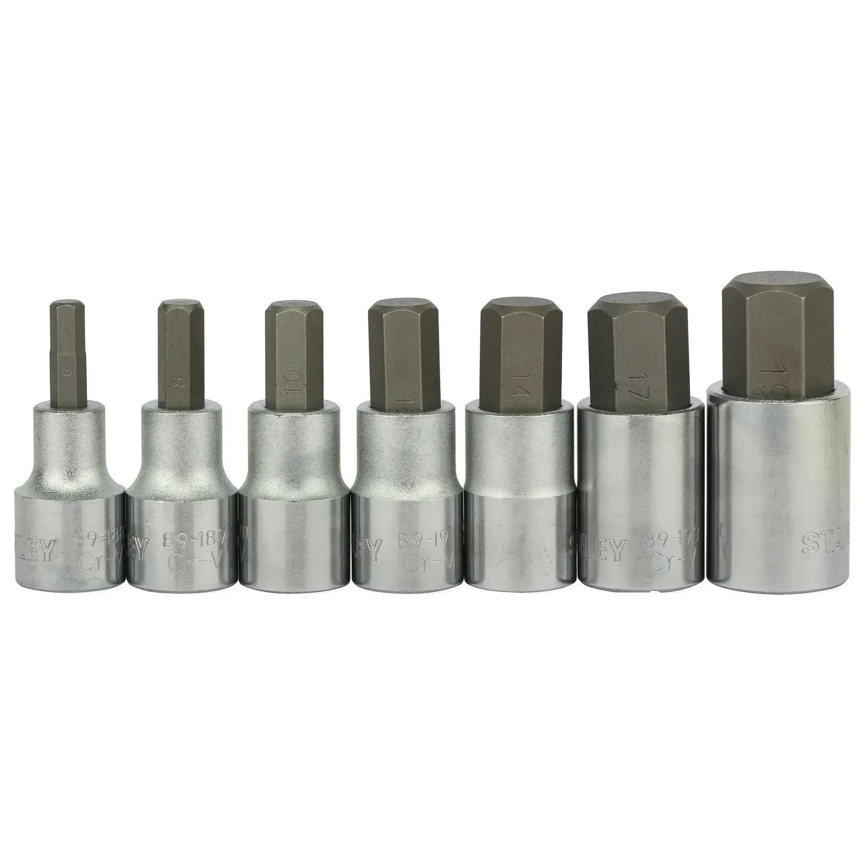 Stanley 1-89-099 hex bit socket set, seven silver and grey pieces, front angle, on white background.