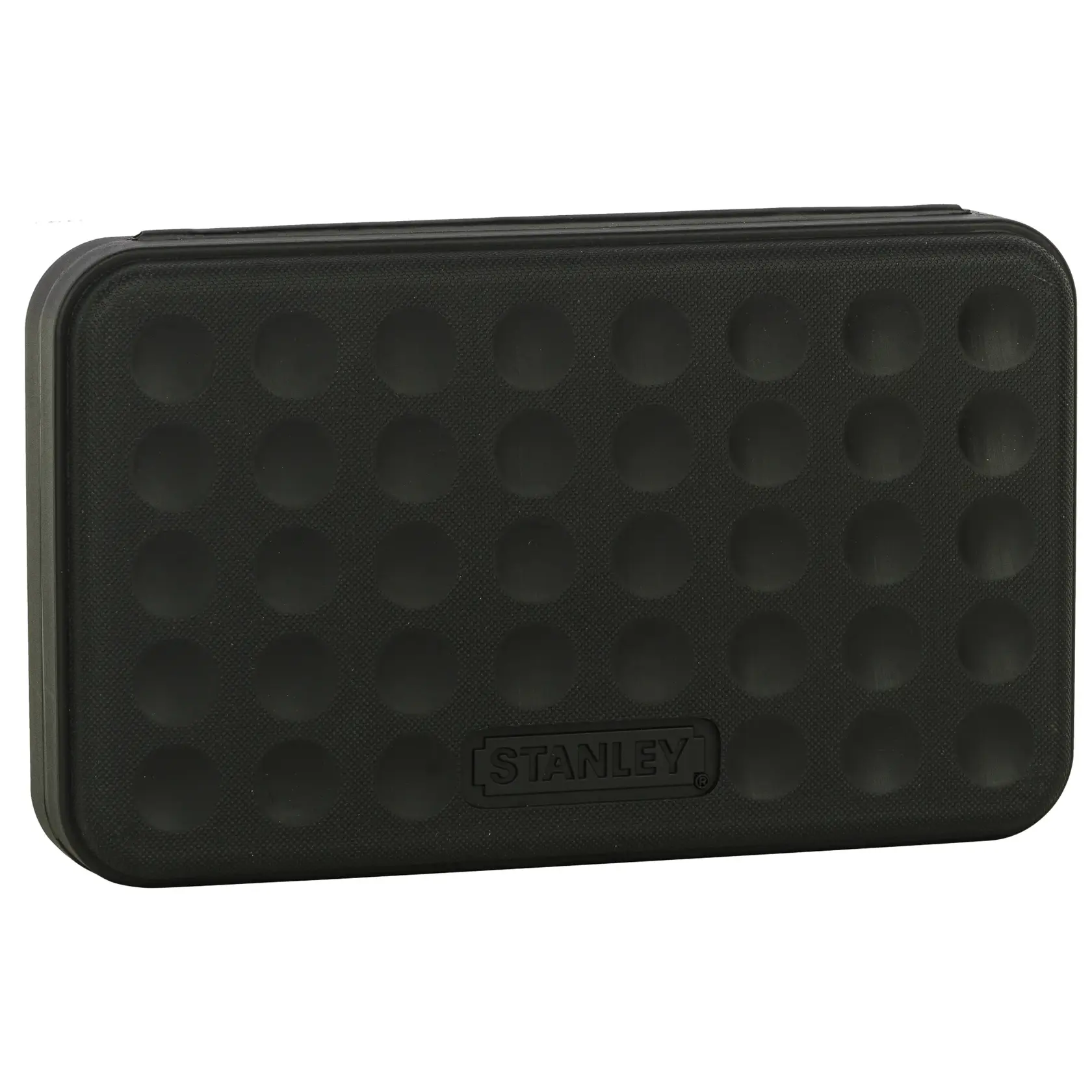 Black STANLEY case with rounded edges and circular pattern on the surface, used for tool or accessory storage.