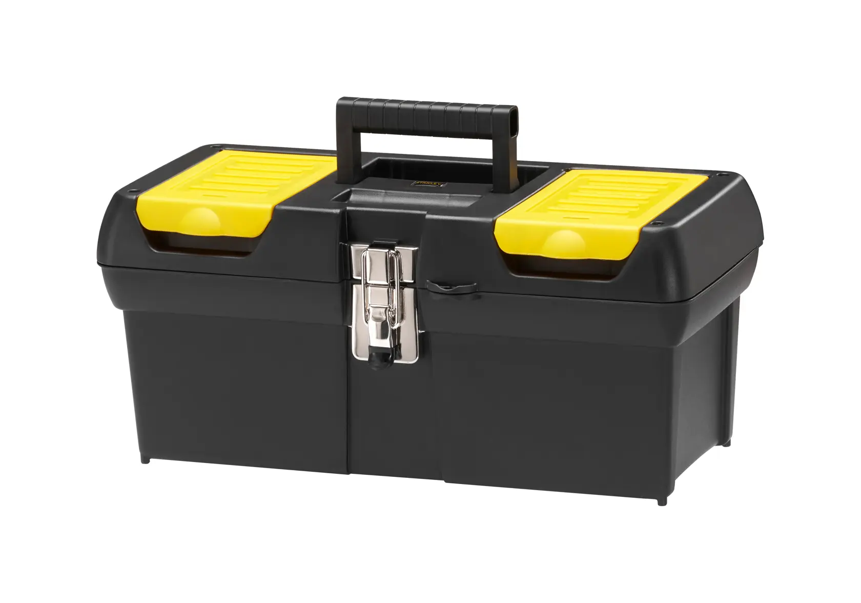 Photo of STANLEY 1-92-065 black toolbox with yellow compartments, metal latch, and top handle, front angle.