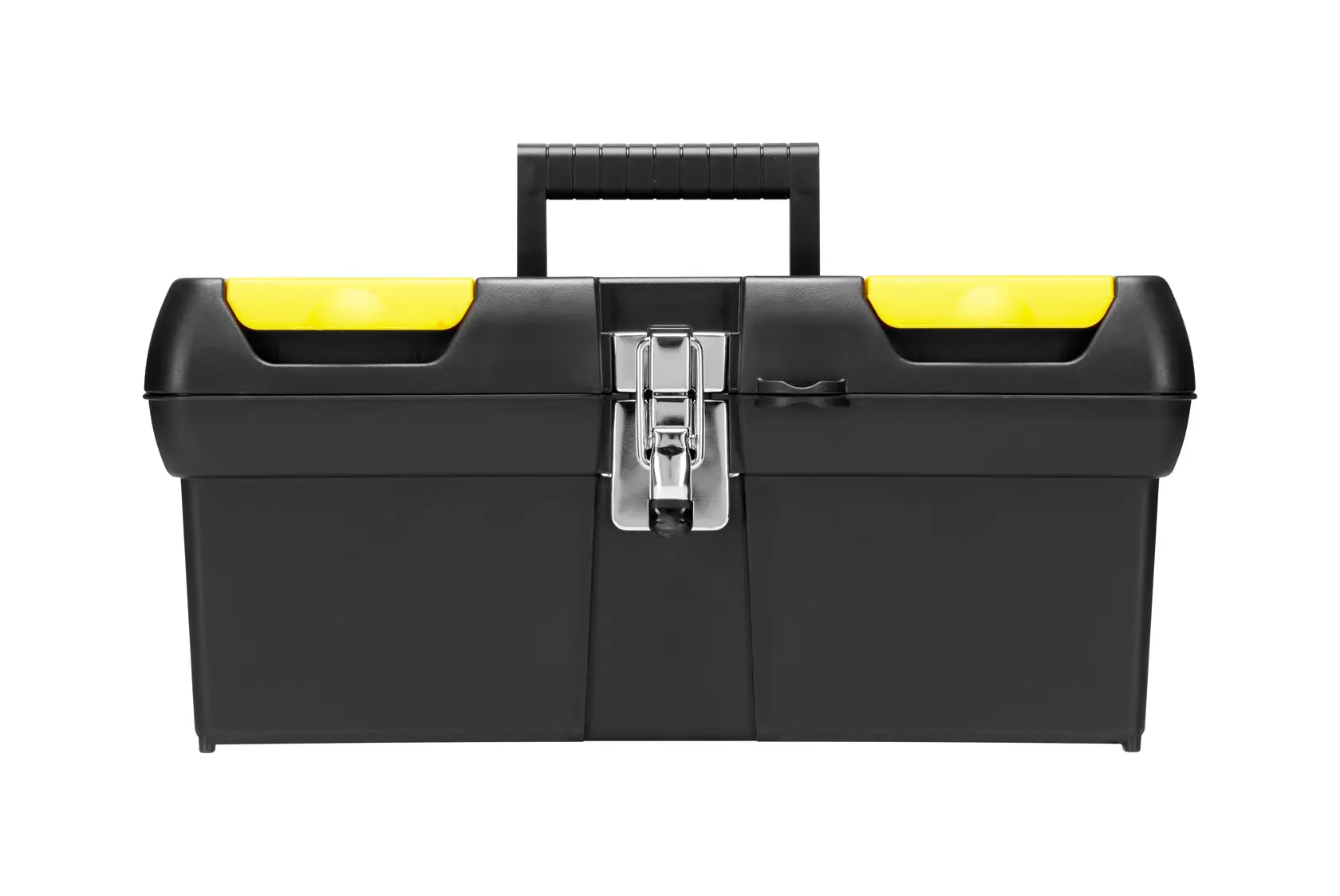 Black toolbox with yellow compartments and a central metal latch, shown from the front against a white background.