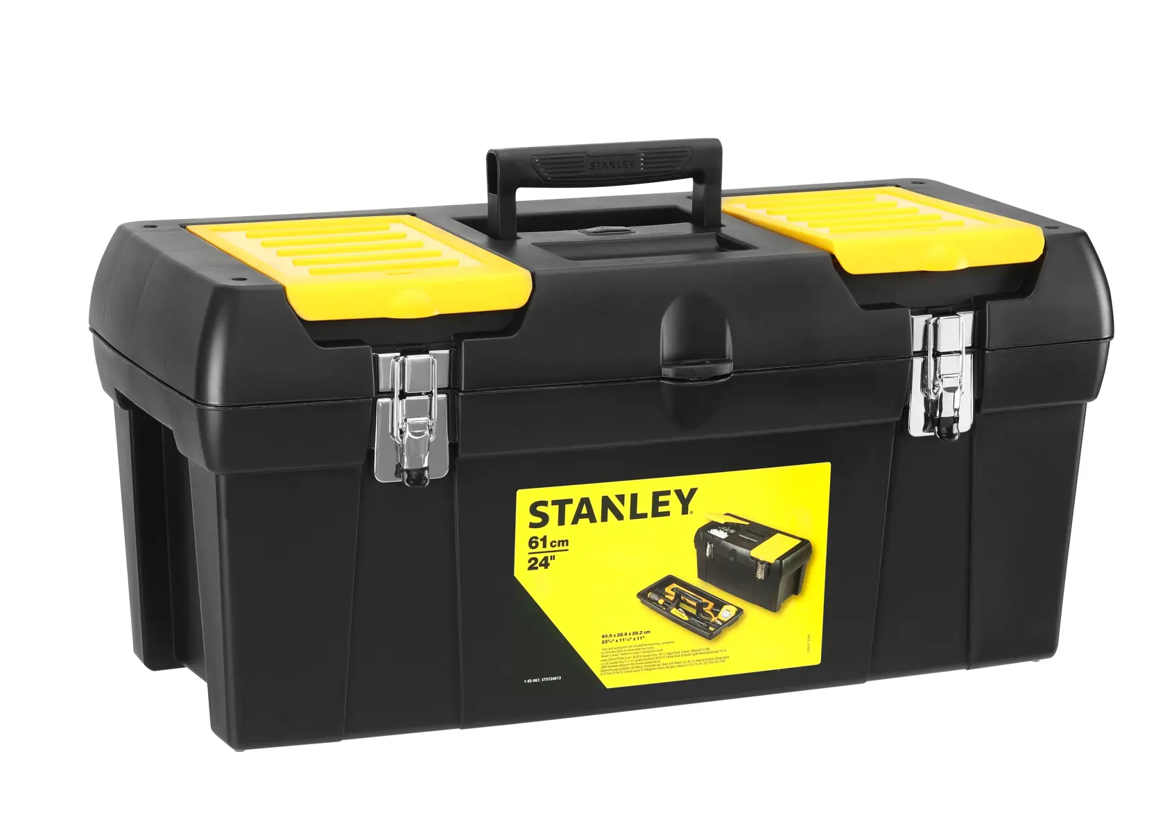 Stanley black and yellow toolbox with handle and metal clasps, 61 cm, model 1-92-067.