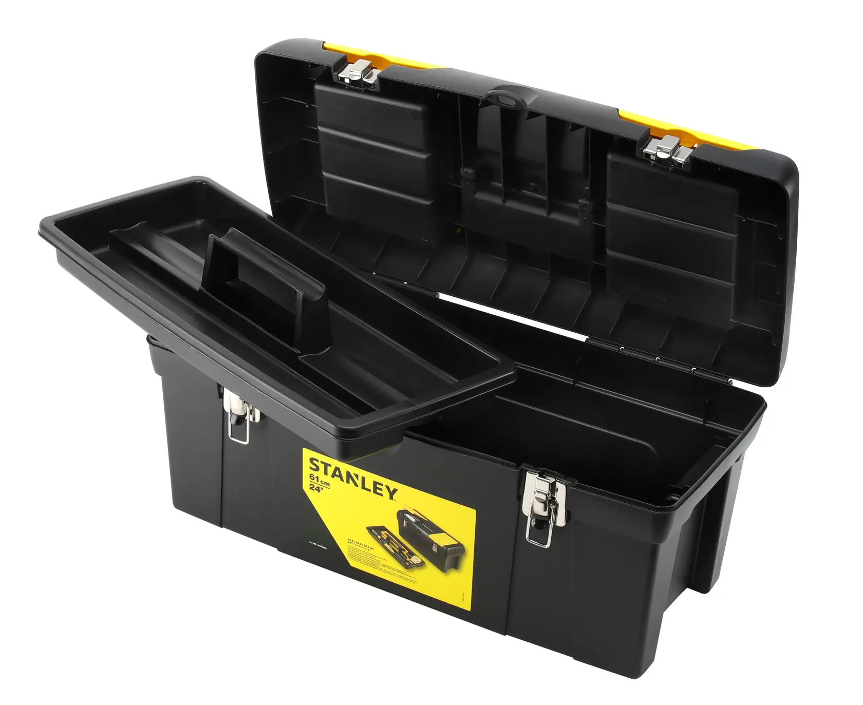 STANLEY 1-92-067 black toolbox with metal clasps, open lid and removable tray, front angle