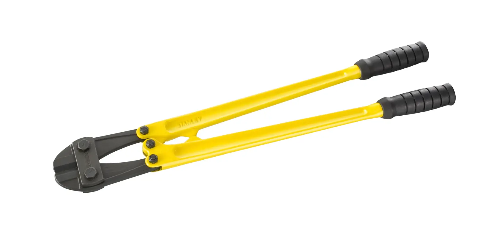 STANLEY 1-95-566 bolt cutter with yellow handles and black grips, side angle, on white background.