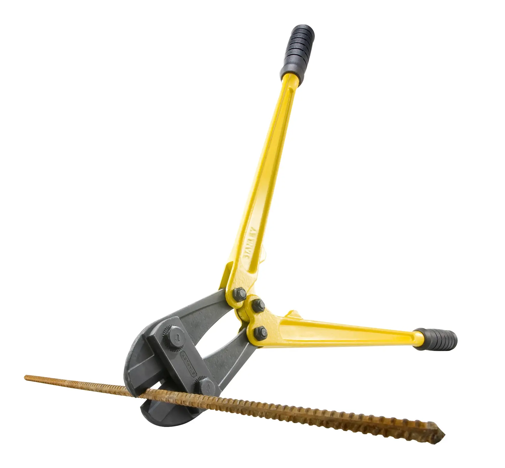 STANLEY 1-95-566 bolt cutter with yellow handles and black grips cutting a metal rod, side angle on white background.