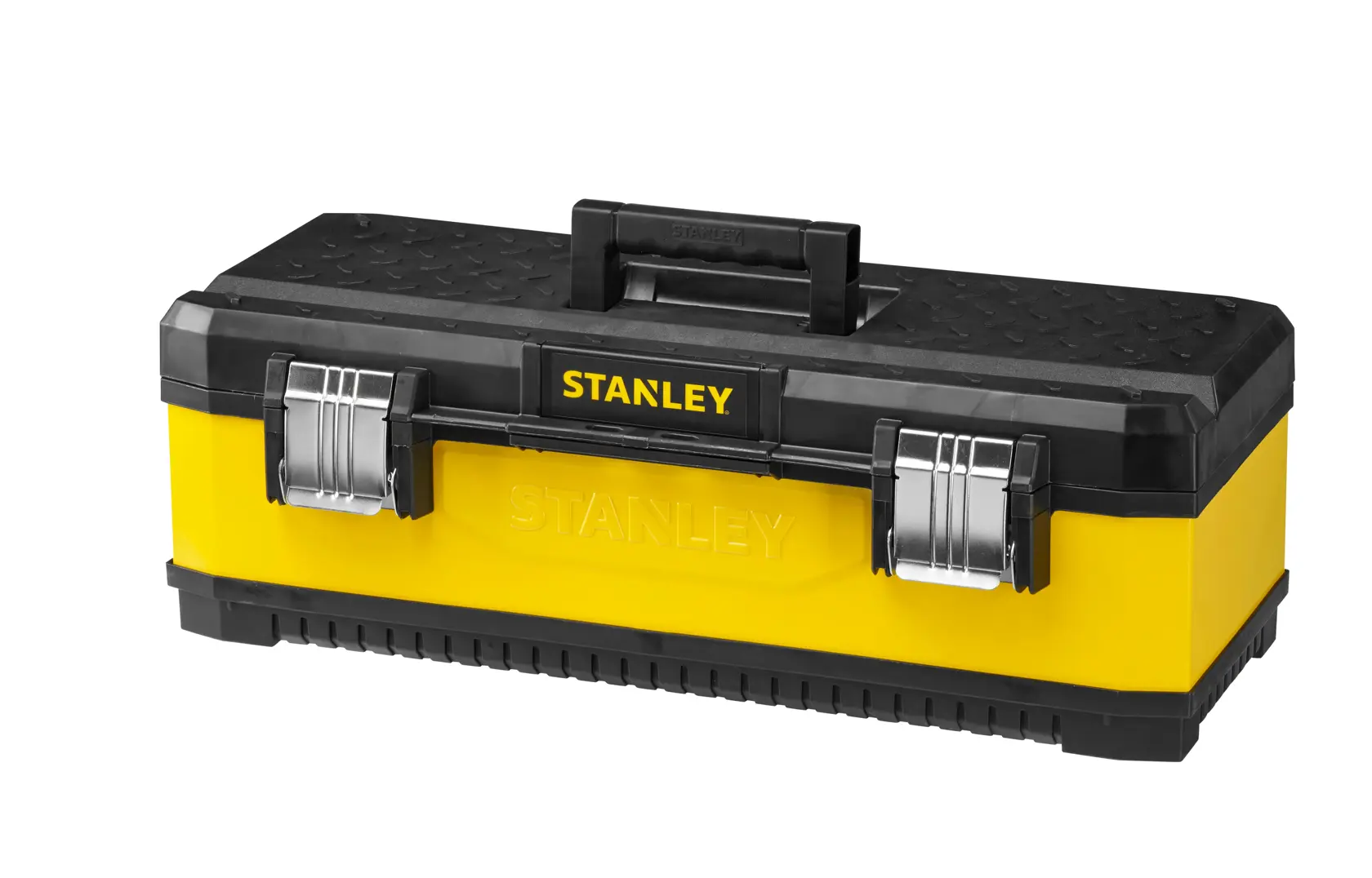 Photo of STANLEY 1-95-614 yellow and black toolbox with metal latches, front angle, on white background.