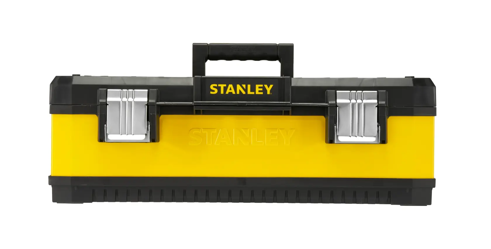 STANLEY 1-95-614 yellow and black toolbox with metal latches, front angle, white background.