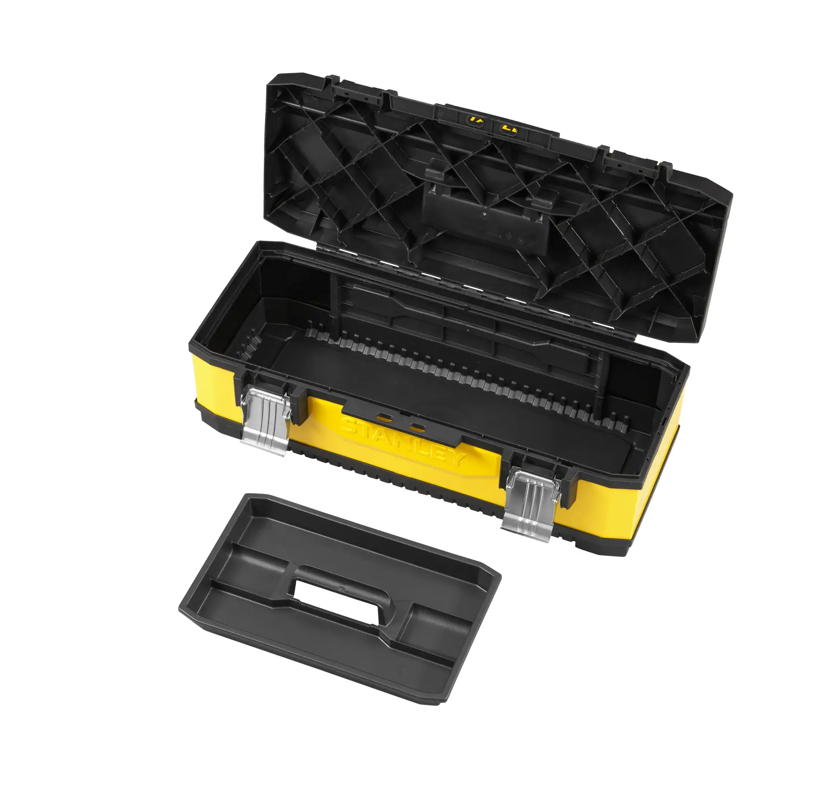 STANLEY 1-95-614 toolbox with open lid, yellow and black design, removable tray shown on white background.