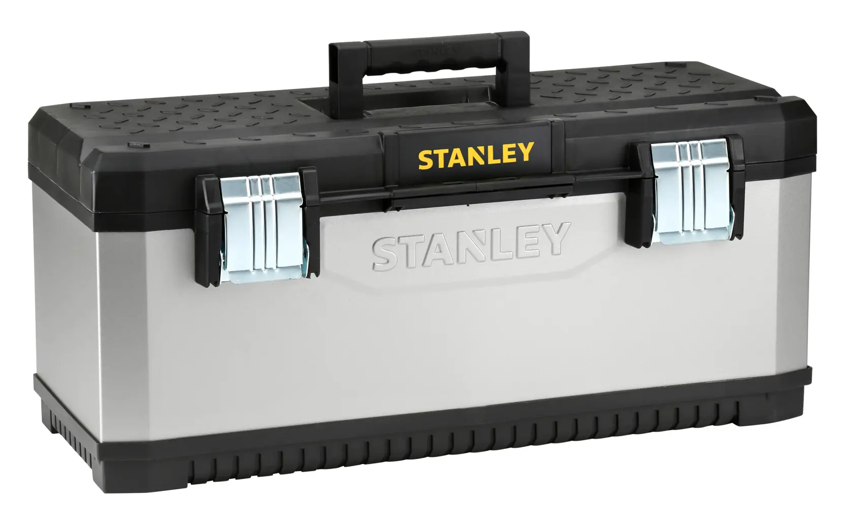 STANLEY 1-95-617 silver and black FATMAX toolbox with metal latches, photographed at angle on white background.