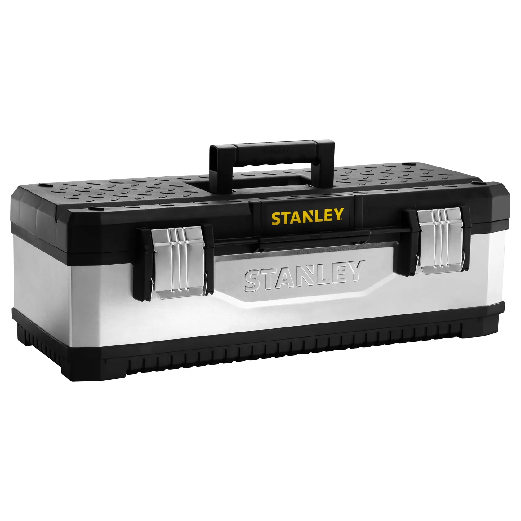 Photo of STANLEY 1-95-620 metal and plastic toolbox with black lid and silver body, front angle.