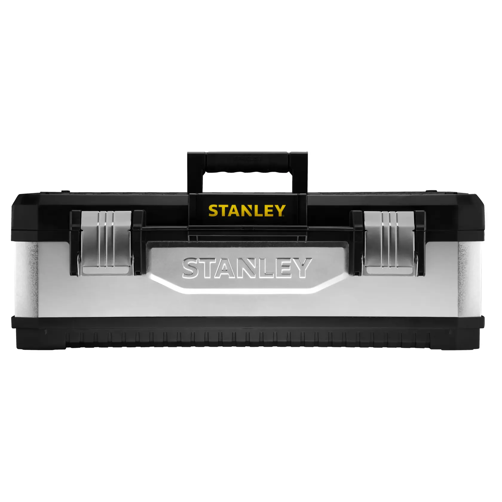 Photo of STANLEY 1-95-620 silver and black metal toolbox with front latches, handle, and embossed logo, front angle.
