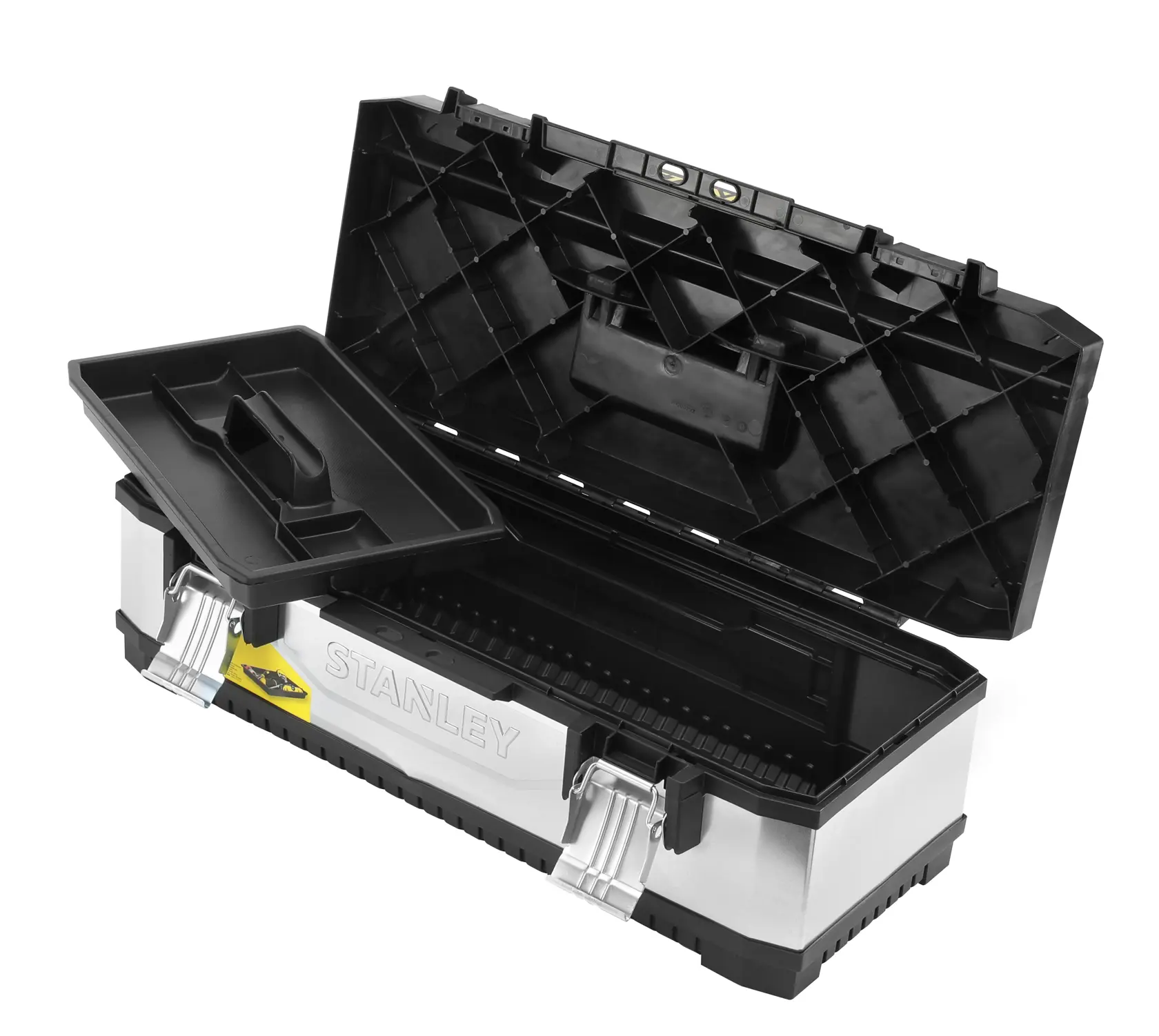 STANLEY 1-95-620 metal toolbox with open lid, removable tray, and silver body, angled view.