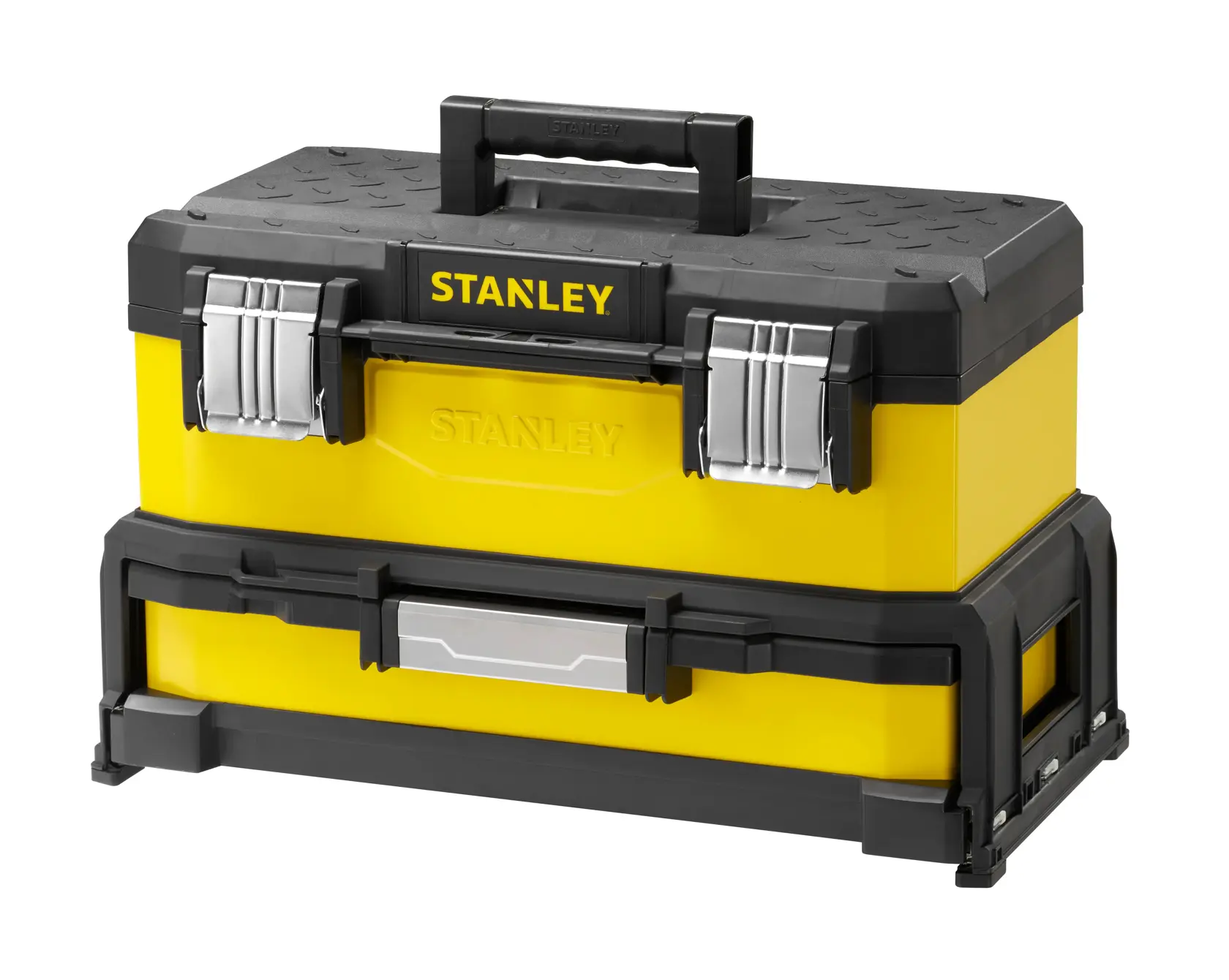 STANLEY 1-95-829 yellow and black tool box with metal latches, front angle on white background.
