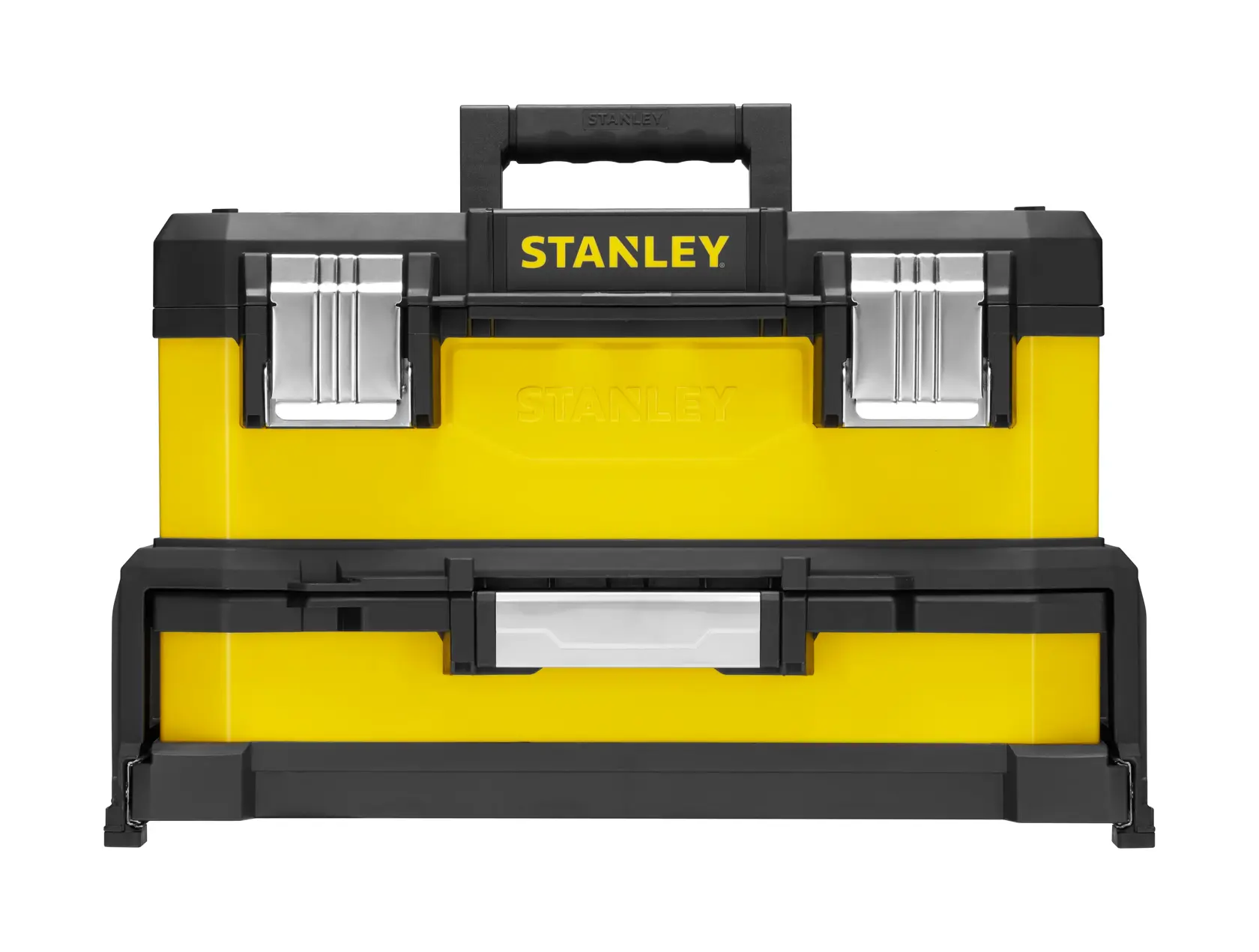 Stanley yellow and black toolbox with metal latches and a sturdy handle, shown from the front.