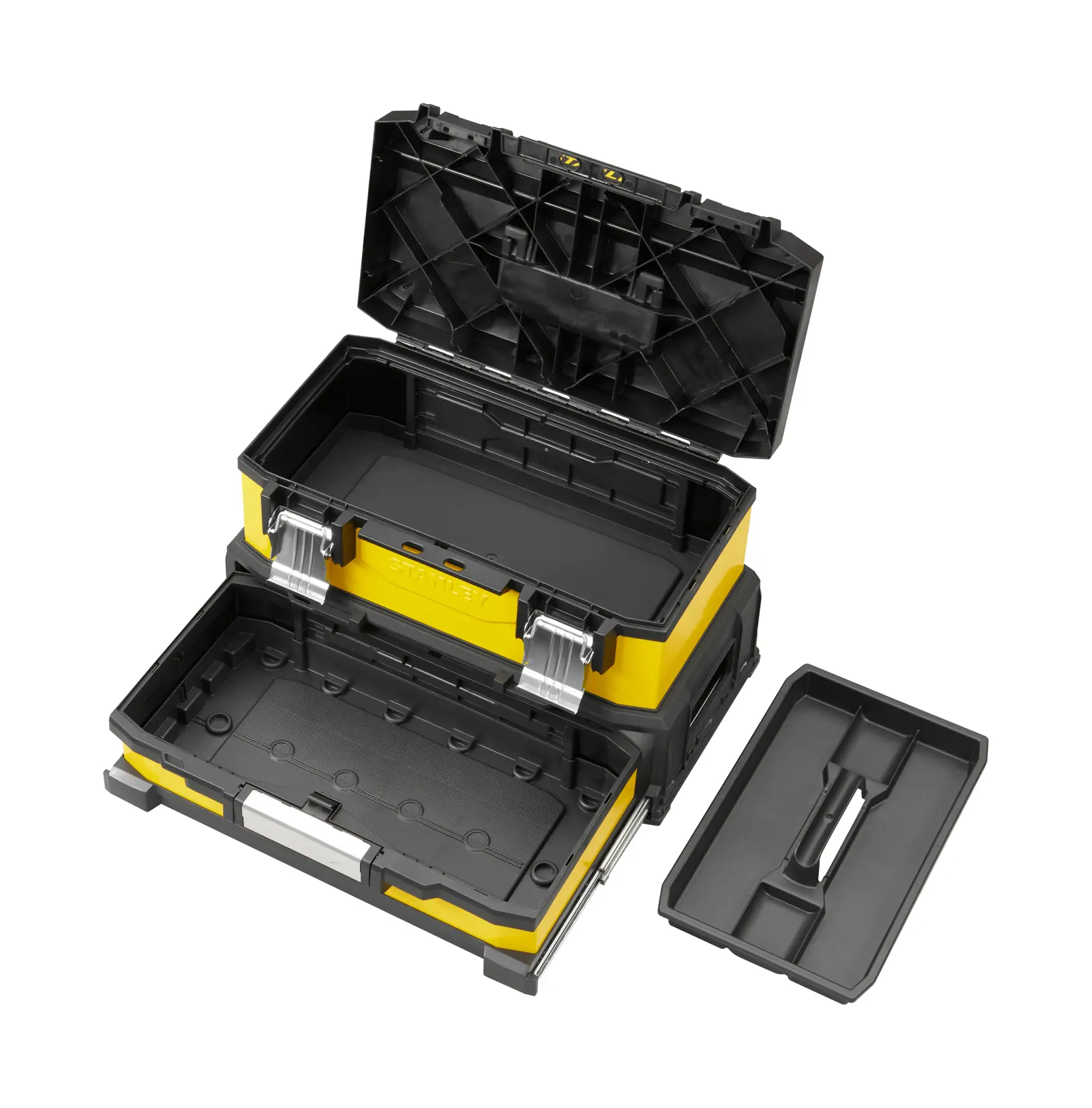 Stanley yellow and black toolbox with open compartments and a removable tray shown on the side.
