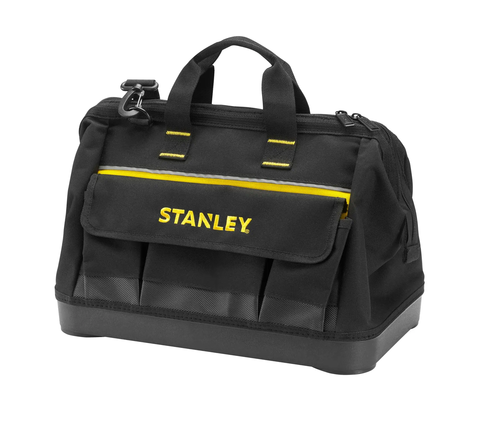 STANLEY 1-96-183 black tool bag with yellow accents, front angle, sturdy handles and multiple pockets.