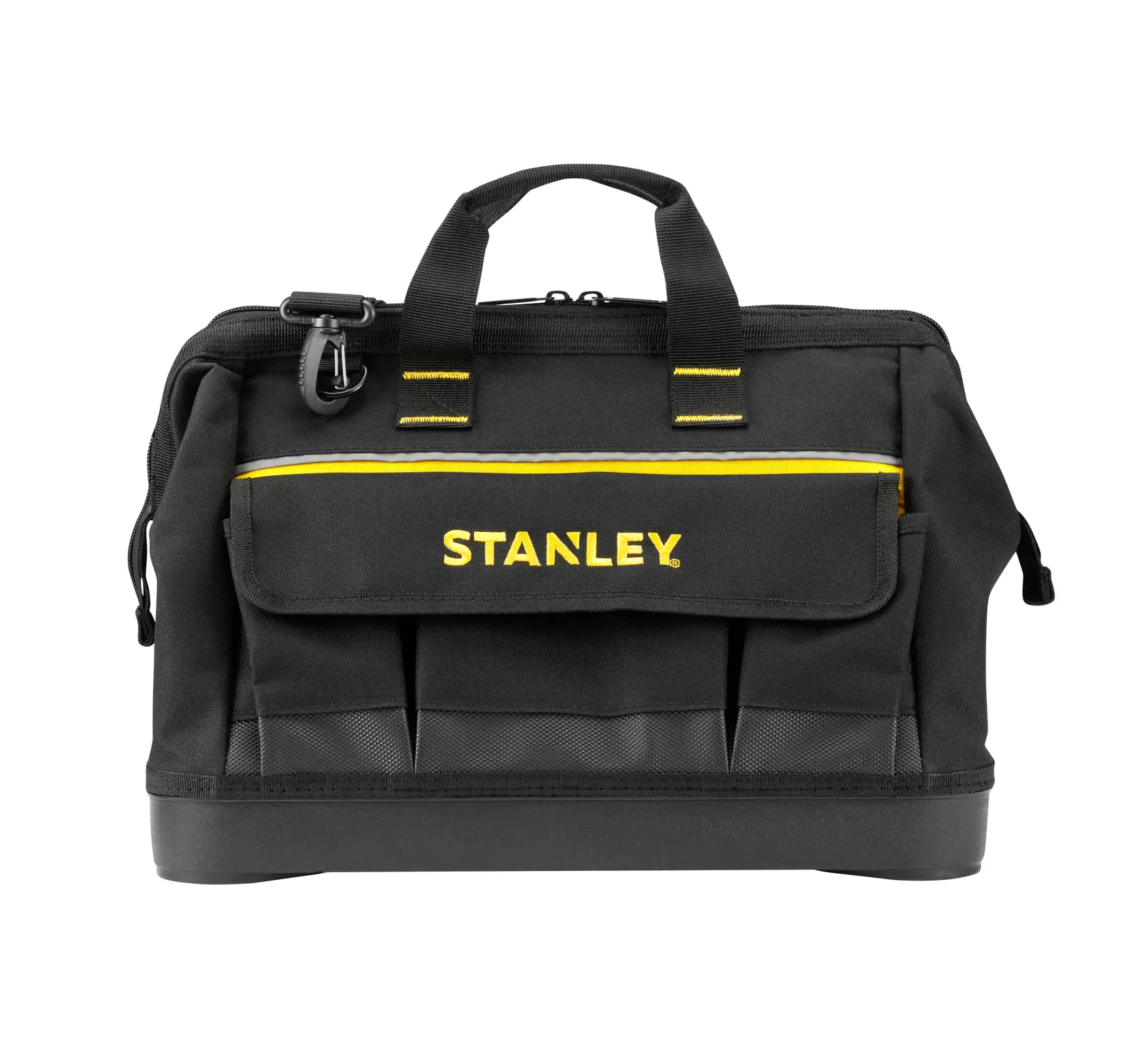 STANLEY 1-96-183 black tool bag with yellow accents, front pockets, and dual handles, front angle, white background.
