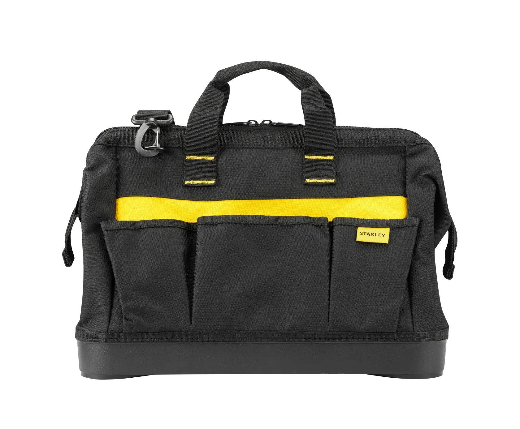 STANLEY 1-96-183 black tool bag with yellow accents, front view, three front pockets, sturdy base.