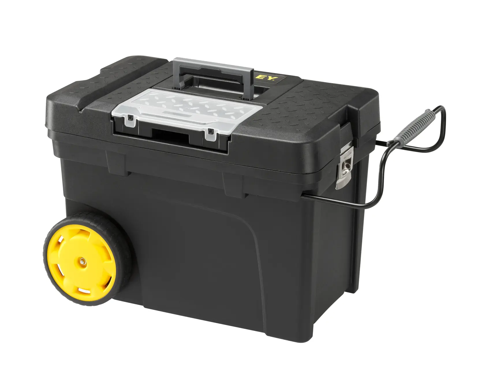 STANLEY 1-97-503 rolling toolbox with yellow wheels, black body, and top organizer, front angle photo.