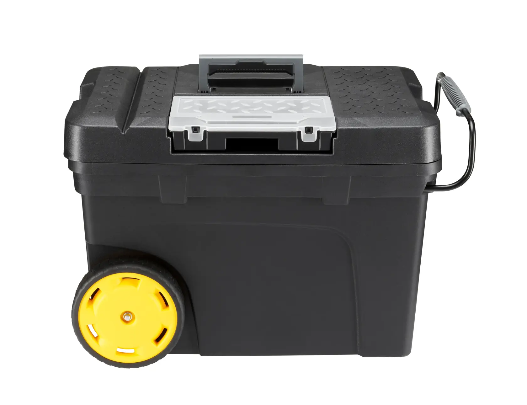 STANLEY 1-97-503 rolling toolbox with yellow wheels, black body, gray lid, front angle photo.