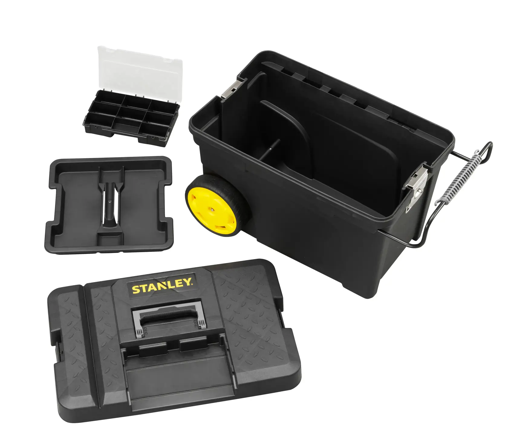 STANLEY 1-97-503 open black rolling toolbox with yellow wheels, removable tray and organizer, white background angle.