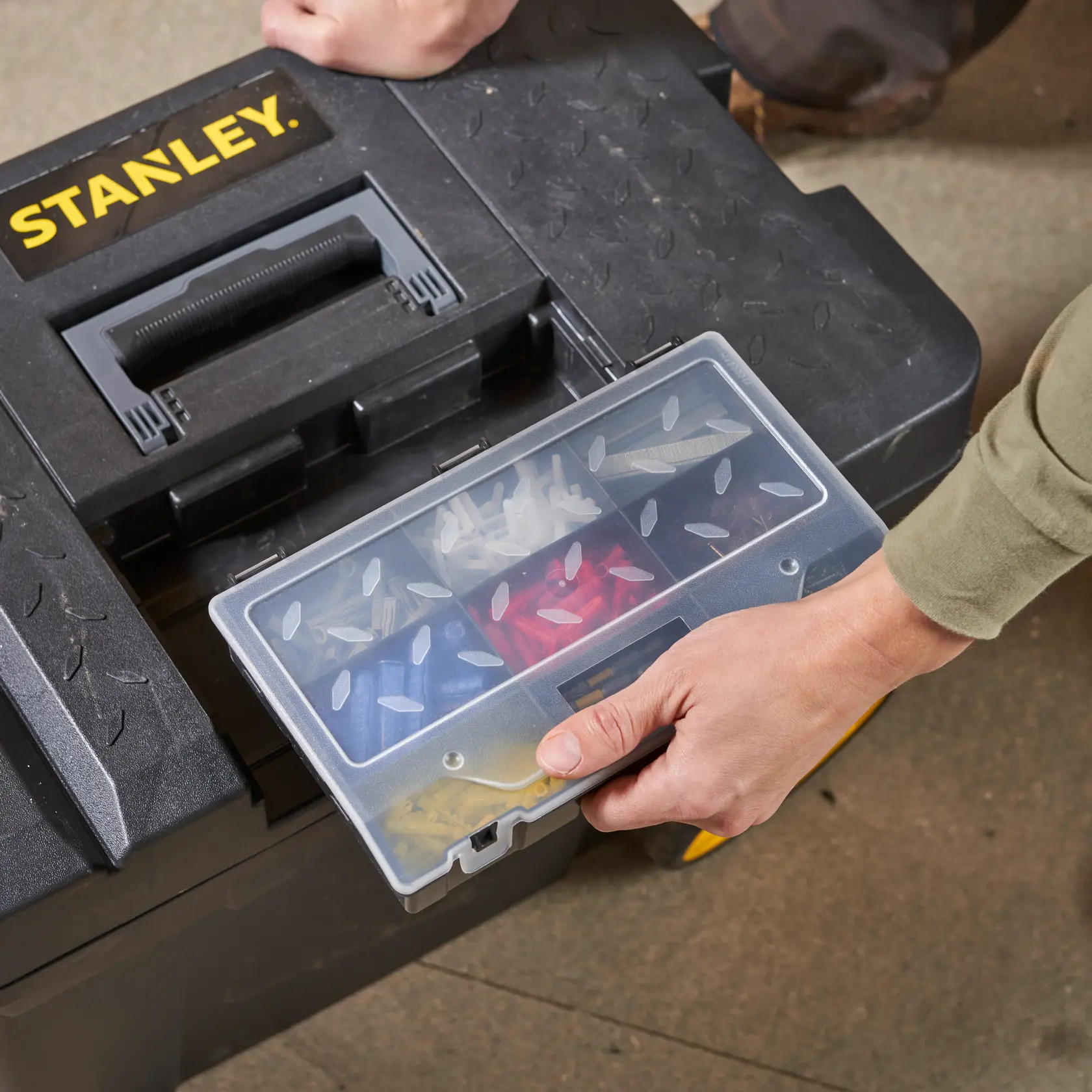 STANLEY 1-97-503 toolbox photography showing organizer tray with assorted fasteners, top view.