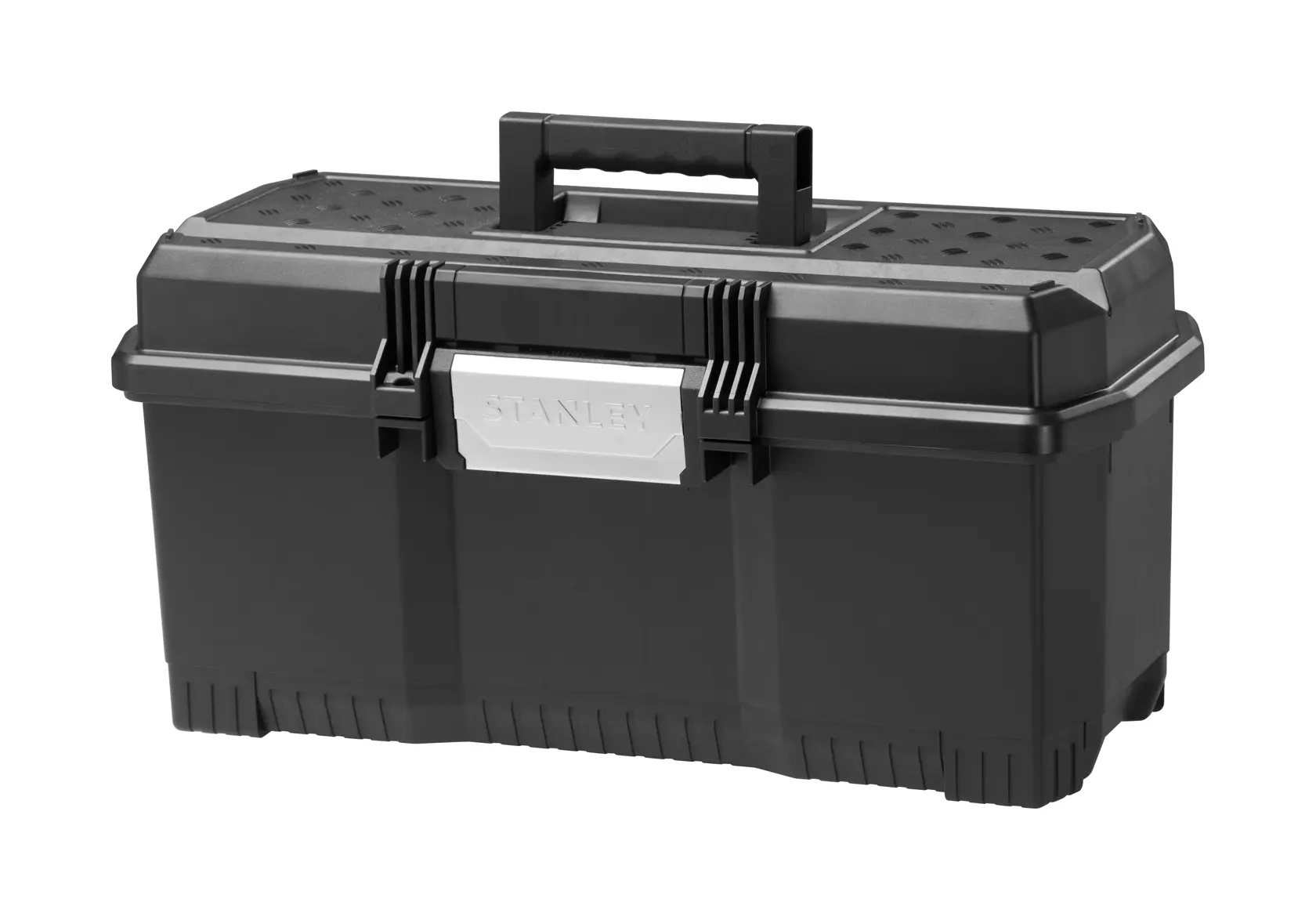 Black Stanley toolbox with a silver latch and a handle on top. Rectangular shape with sturdy plastic build.