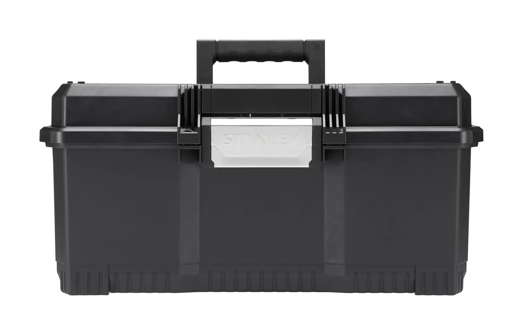 Black Stanley toolbox with a sturdy handle and secure metal latch, suitable for storing tools or accessories.