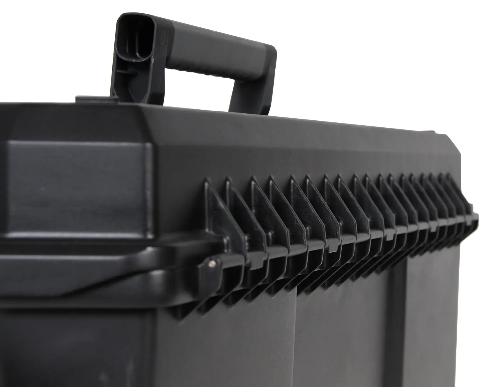 STANLEY 1-97-510 toolbox close-up angle, showing black plastic handle and secure latches.