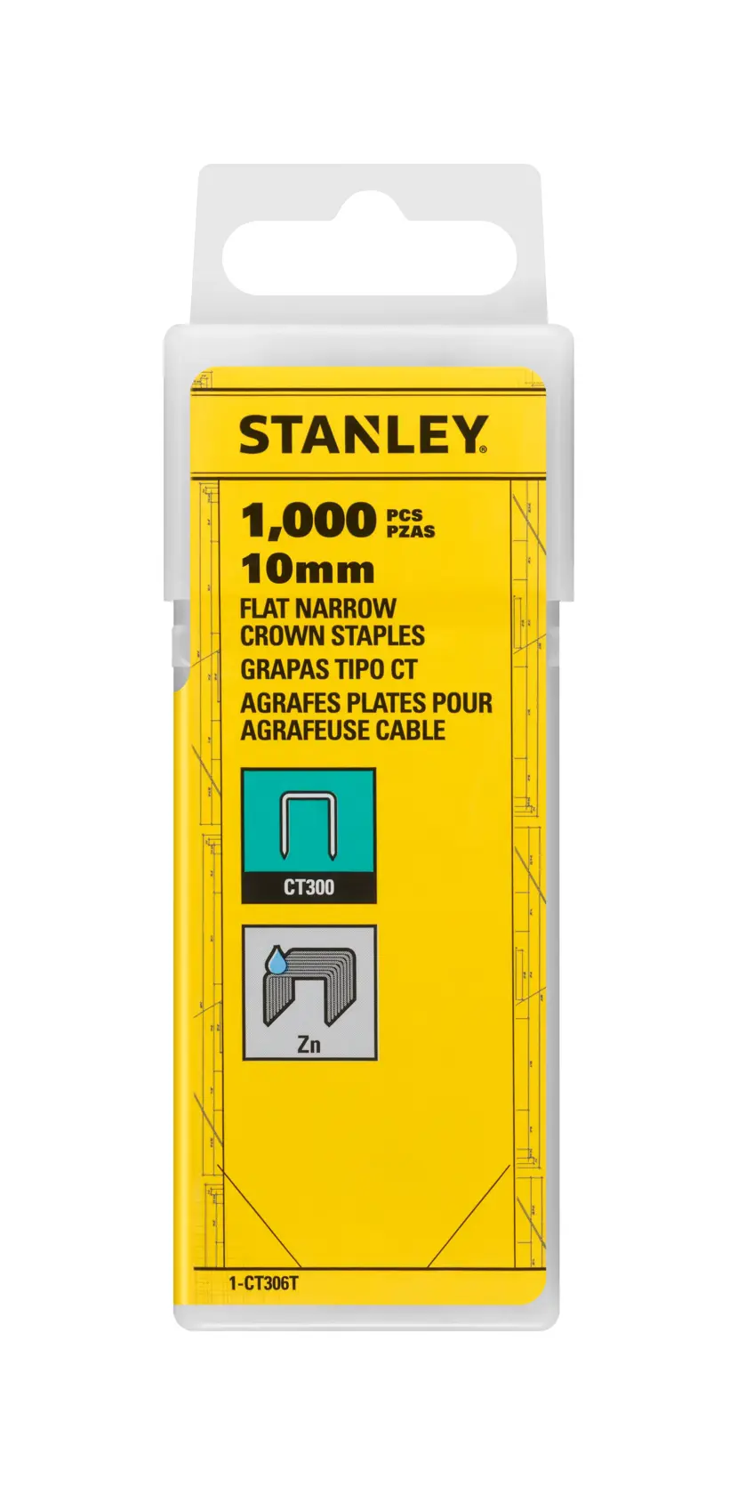 STANLEY 1-CT306T flat narrow crown staples 1000 pieces 10mm, yellow box, front angle photography.